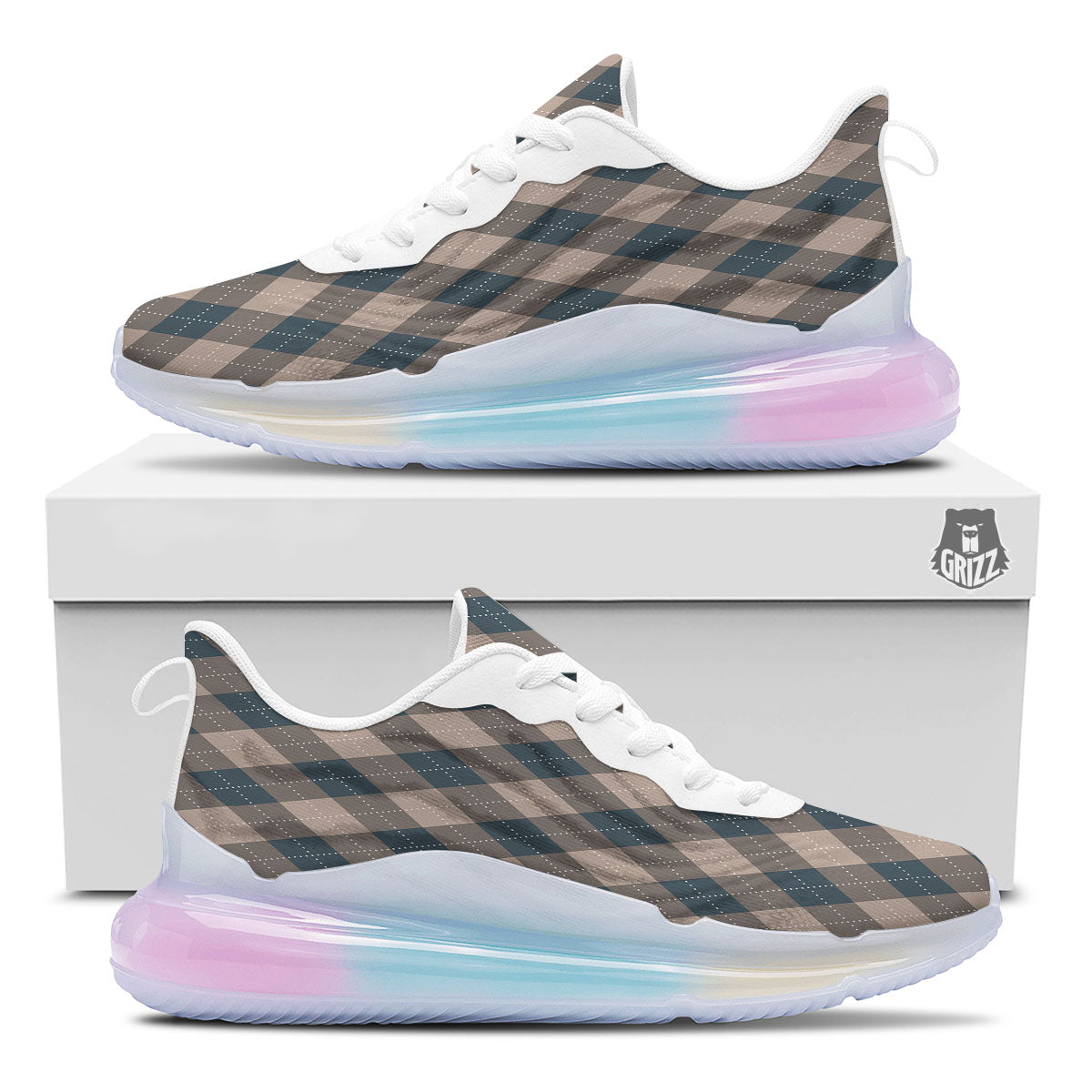 Blue Spruce And Beige Argyle Print Pattern Running Sneakers-grizzshop