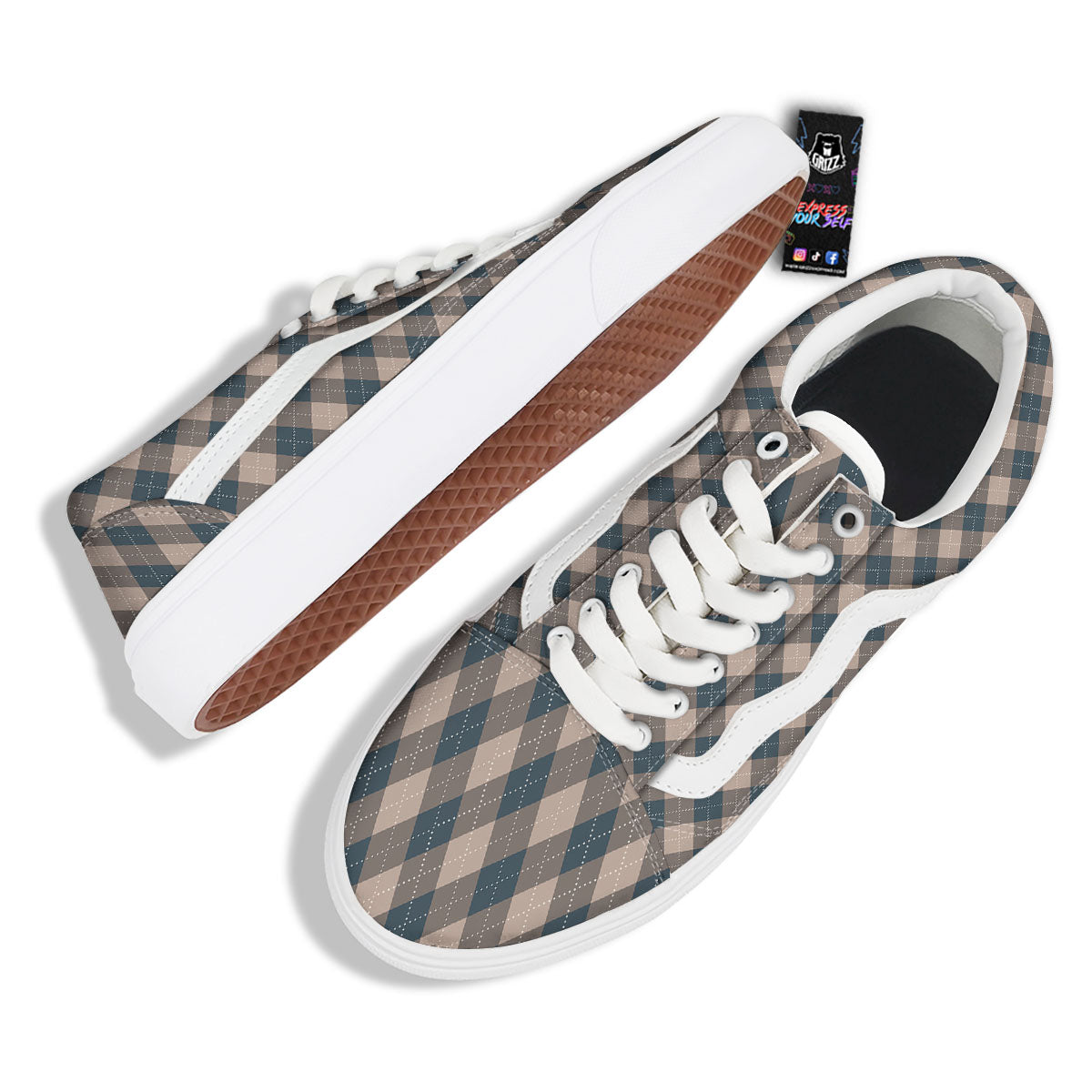 Blue Spruce And Beige Argyle Print Pattern Skate Shoes-grizzshop
