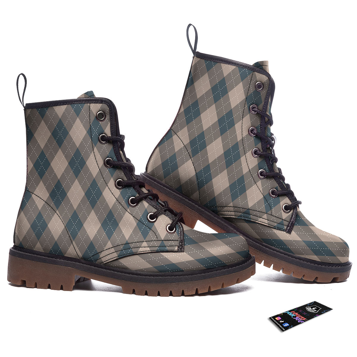 Blue Spruce And Beige Argyle Print Pattern Work Boots-grizzshop