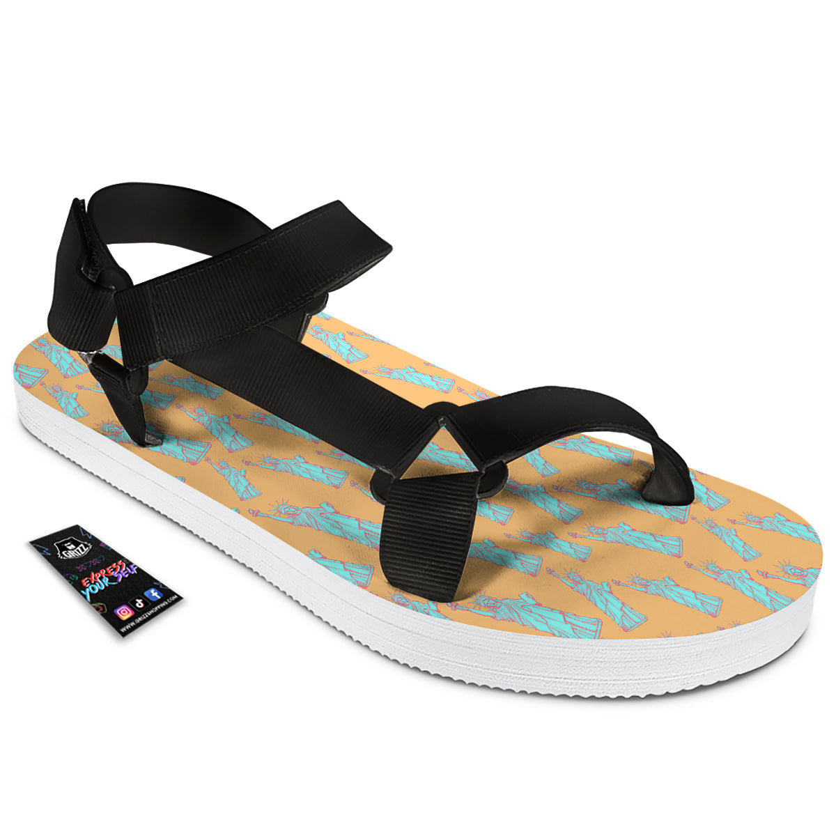 Blue Statue Of Liberty Print Pattern Black Open Toe Sandals-grizzshop