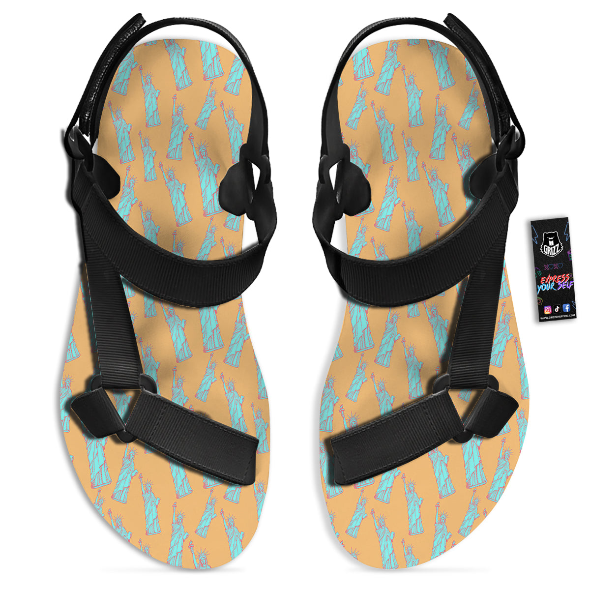 Blue Statue Of Liberty Print Pattern Black Open Toe Sandals-grizzshop