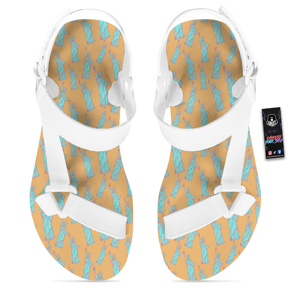 Blue Statue Of Liberty Print Pattern White Open Toe Sandals-grizzshop