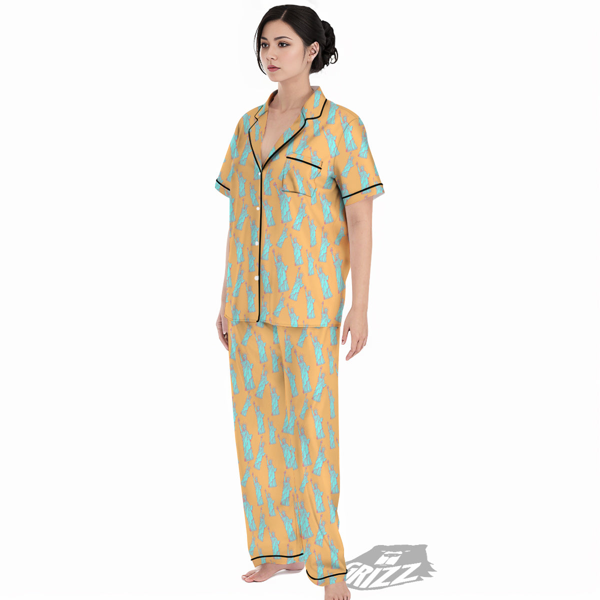 Blue Statue Of Liberty Print Pattern Women's Pajamas Set-grizzshop