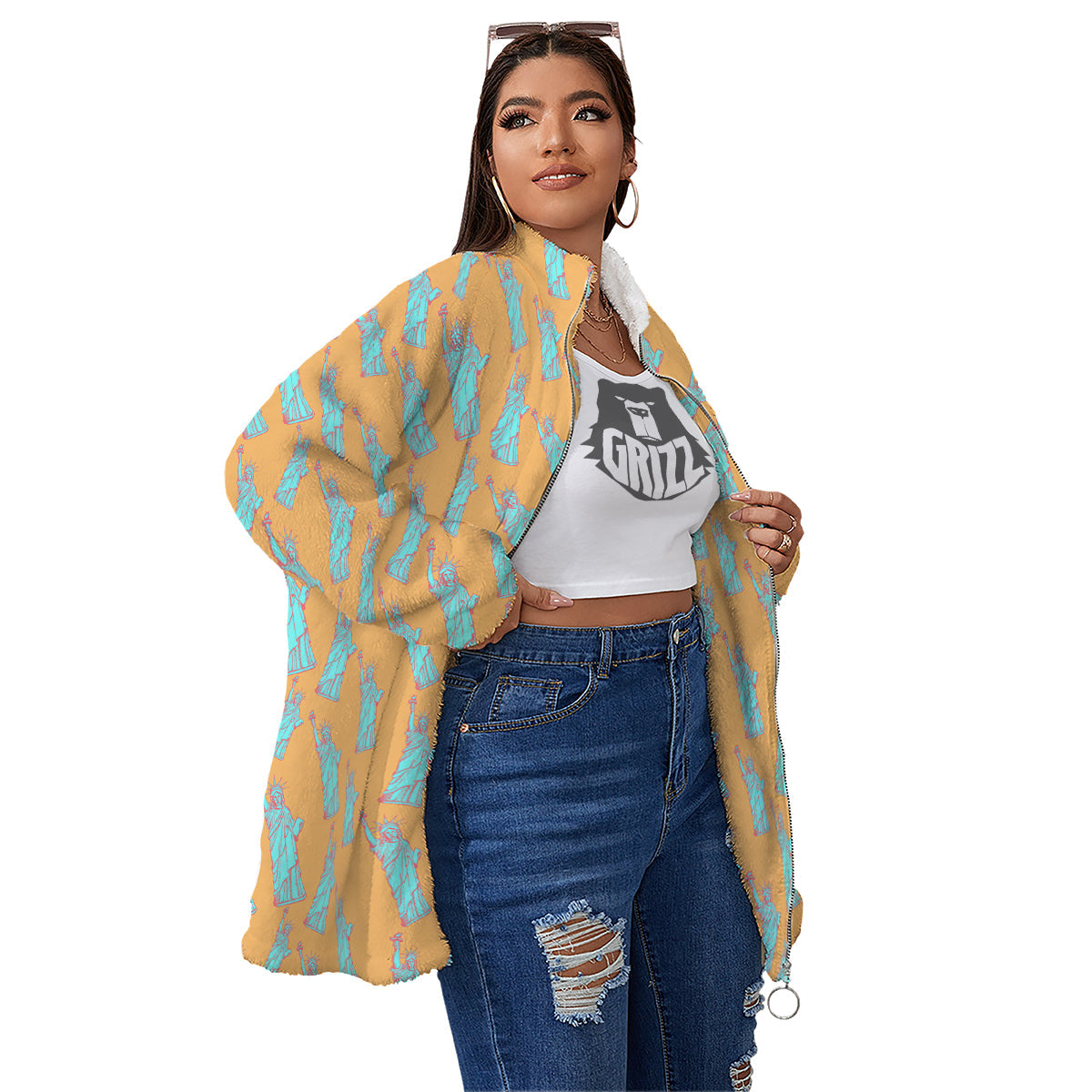 Blue Statue Of Liberty Print Pattern Women's Sherpa Jacket-grizzshop