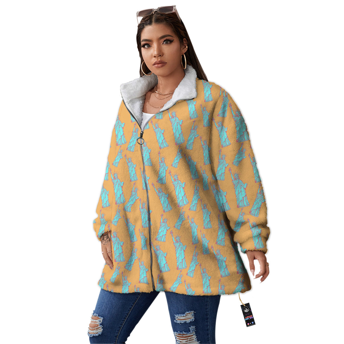 Blue Statue Of Liberty Print Pattern Women's Sherpa Jacket-grizzshop