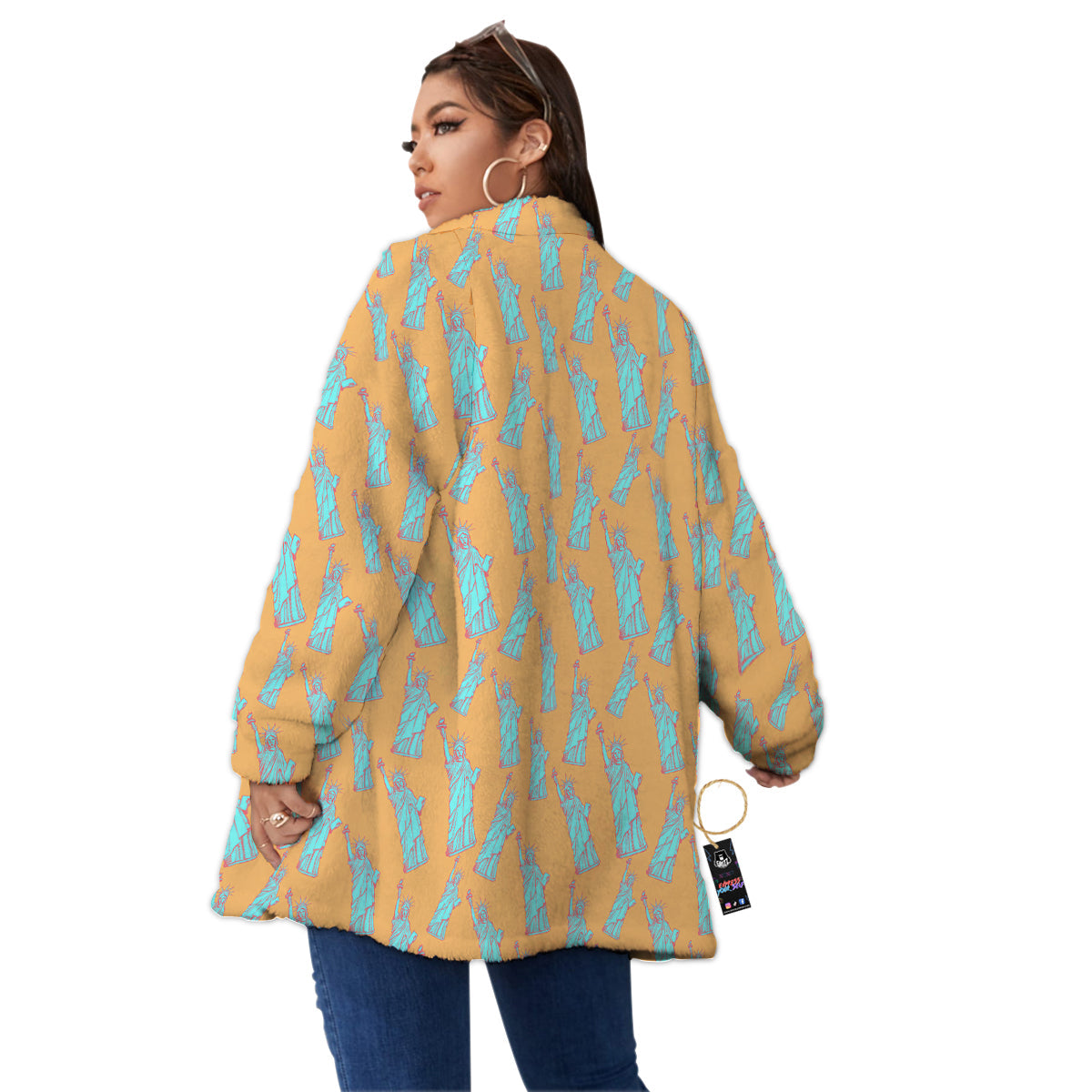 Blue Statue Of Liberty Print Pattern Women's Sherpa Jacket-grizzshop