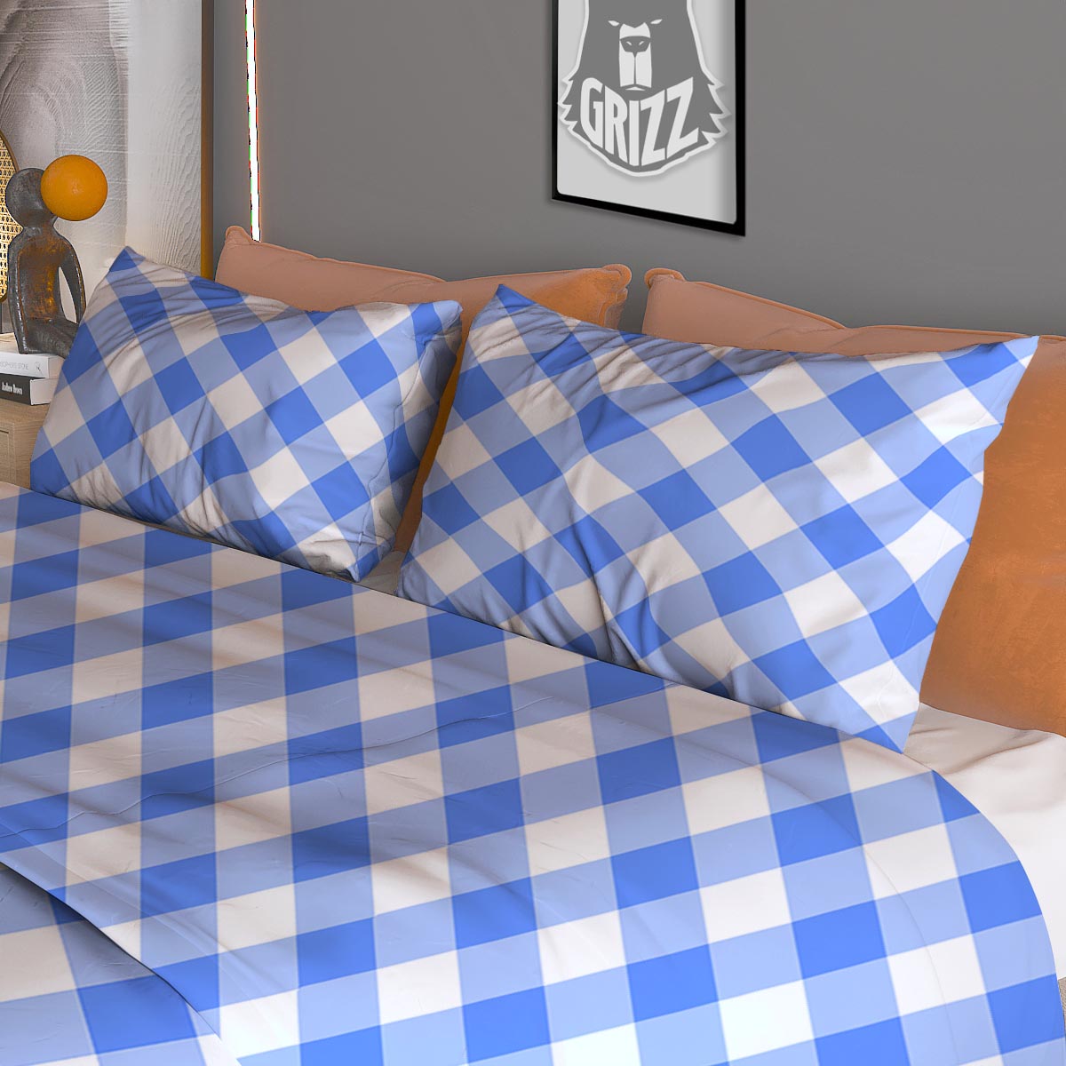 Blue Steel And White Gingham Print Pattern Duvet Cover Bedding Set