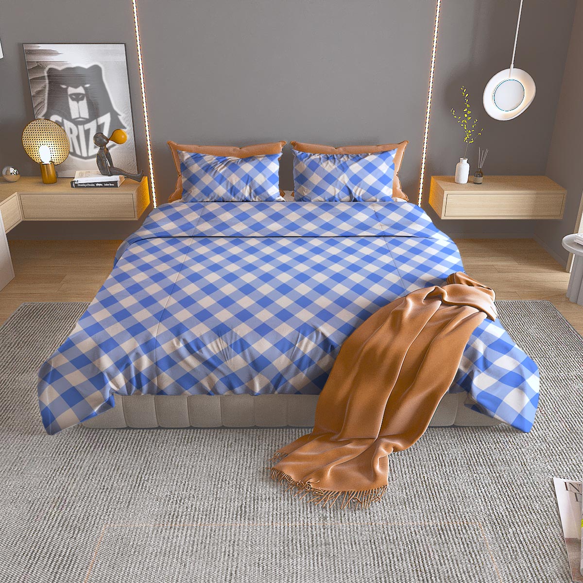 Blue Steel And White Gingham Print Pattern Duvet Cover Bedding Set