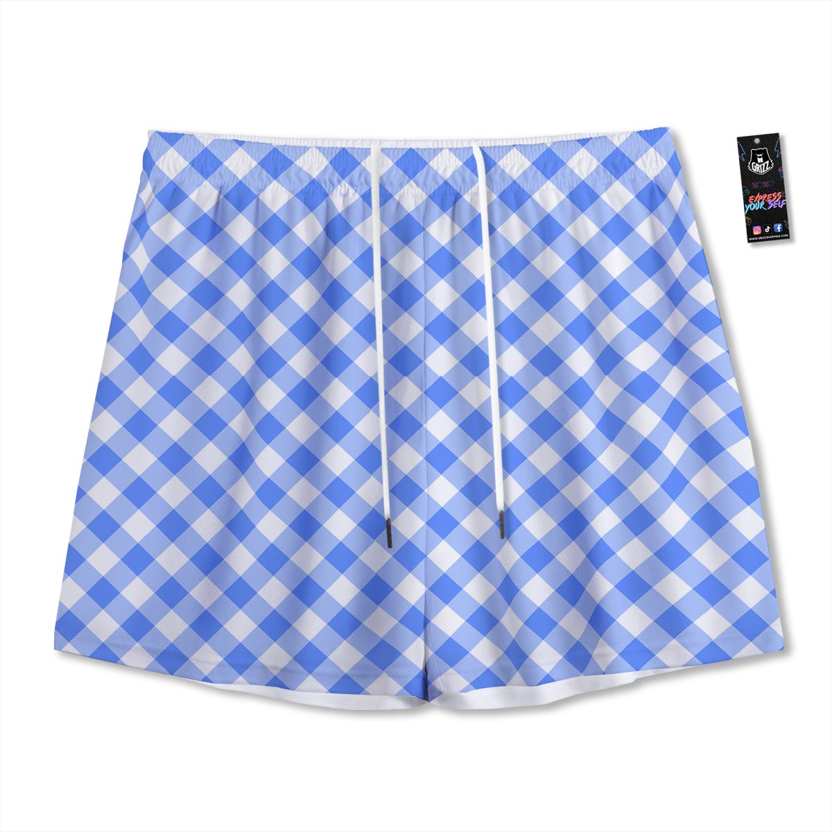 Blue Steel And White Gingham Print Pattern Mesh Shorts