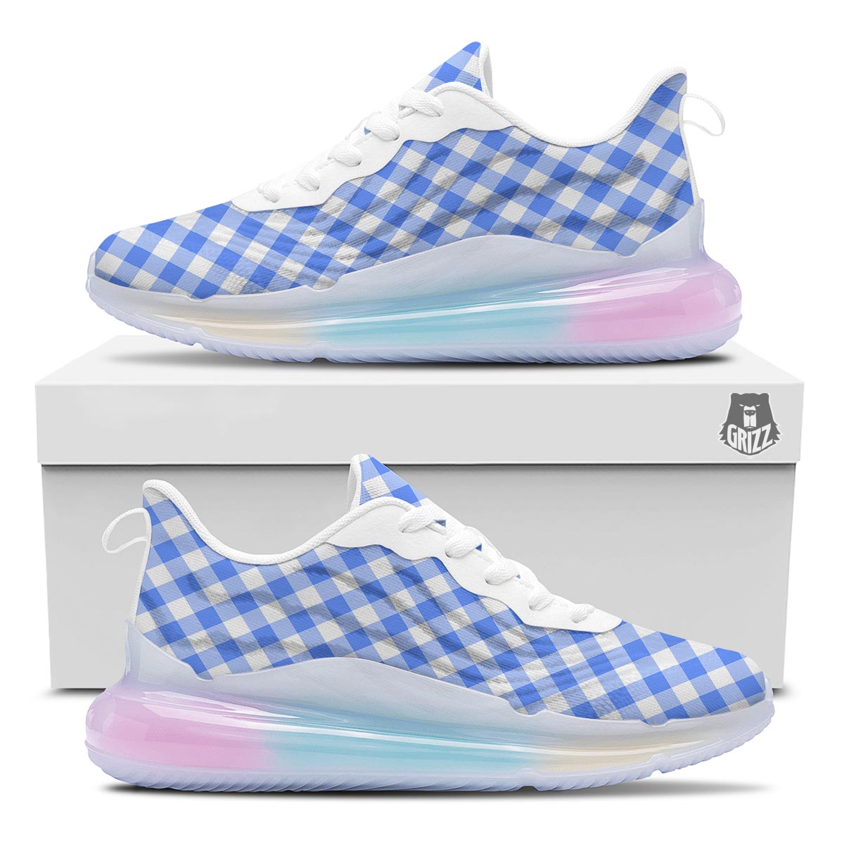 Blue Steel And White Gingham Print Pattern Running Sneakers-grizzshop