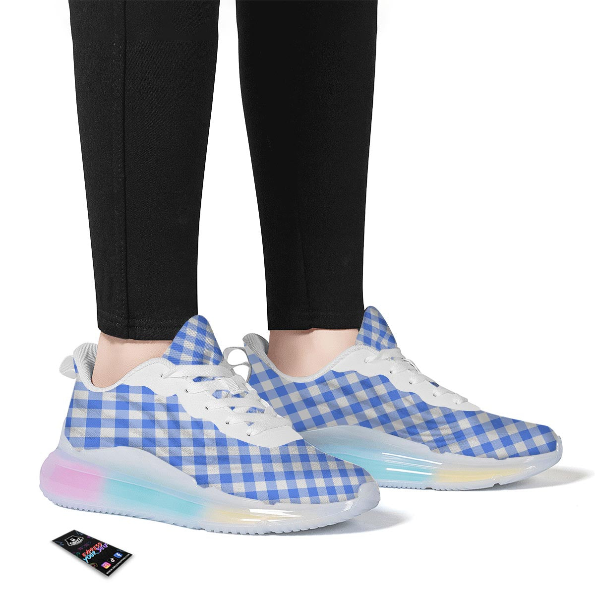 Blue Steel And White Gingham Print Pattern Running Sneakers-grizzshop
