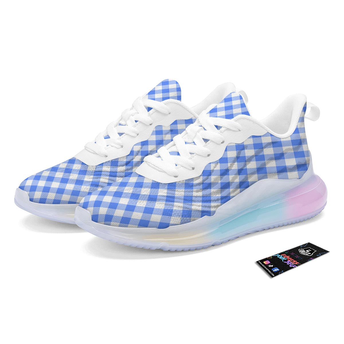 Blue Steel And White Gingham Print Pattern Running Sneakers-grizzshop