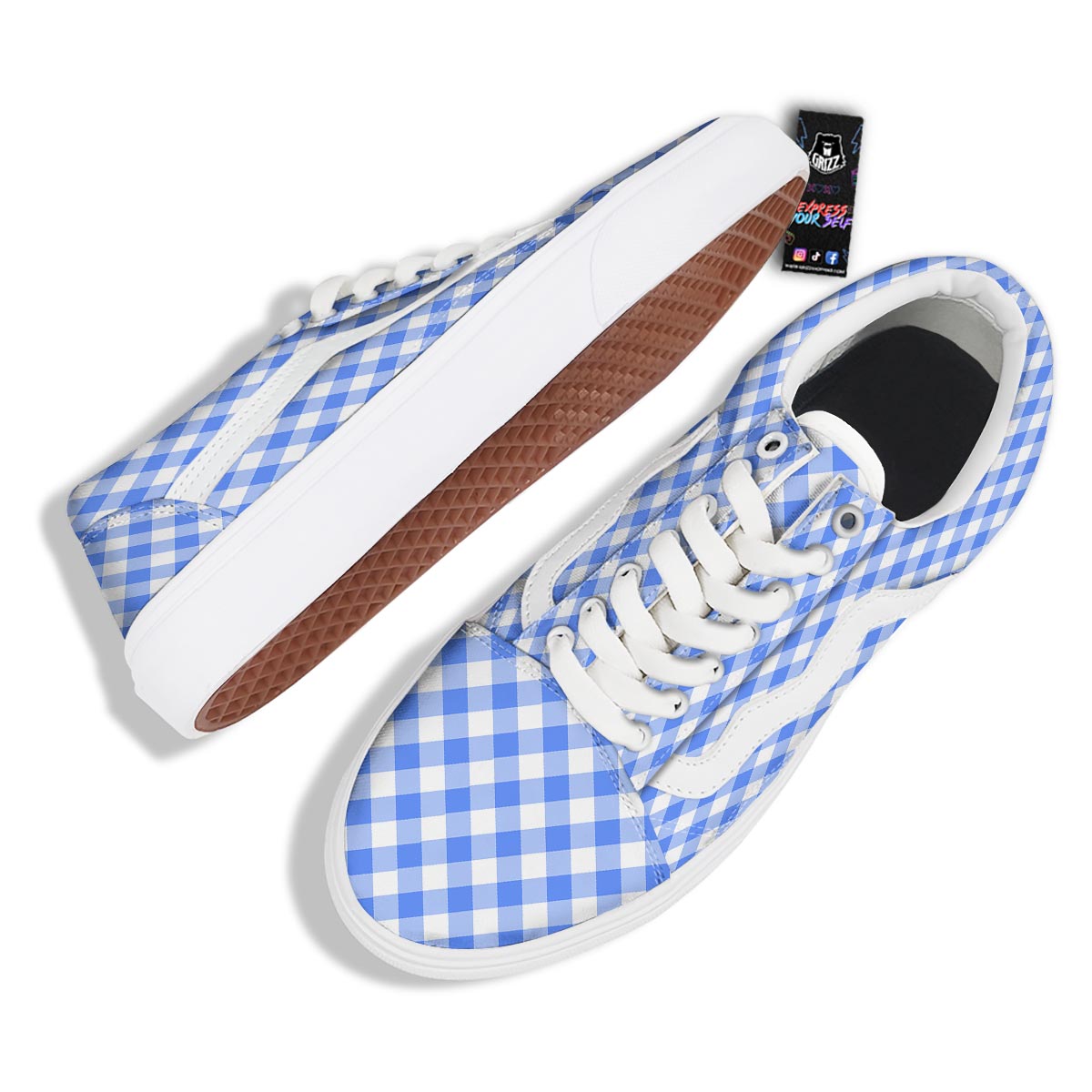 Blue Steel And White Gingham Print Pattern Skate Shoes-grizzshop