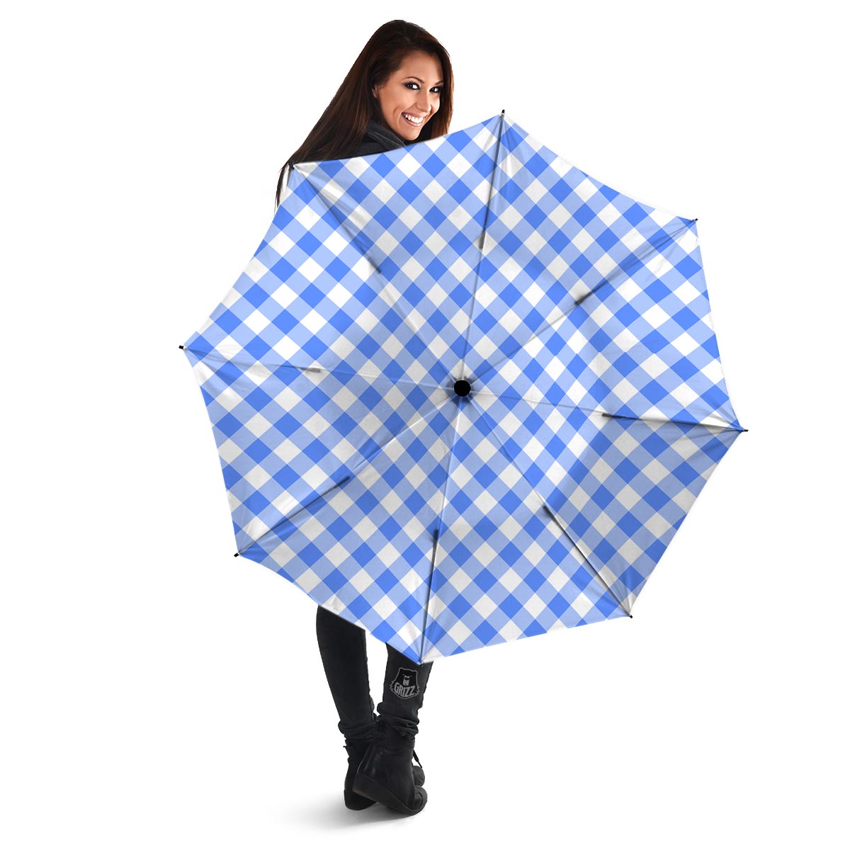 Blue Steel And White Gingham Print Pattern Umbrella-grizzshop