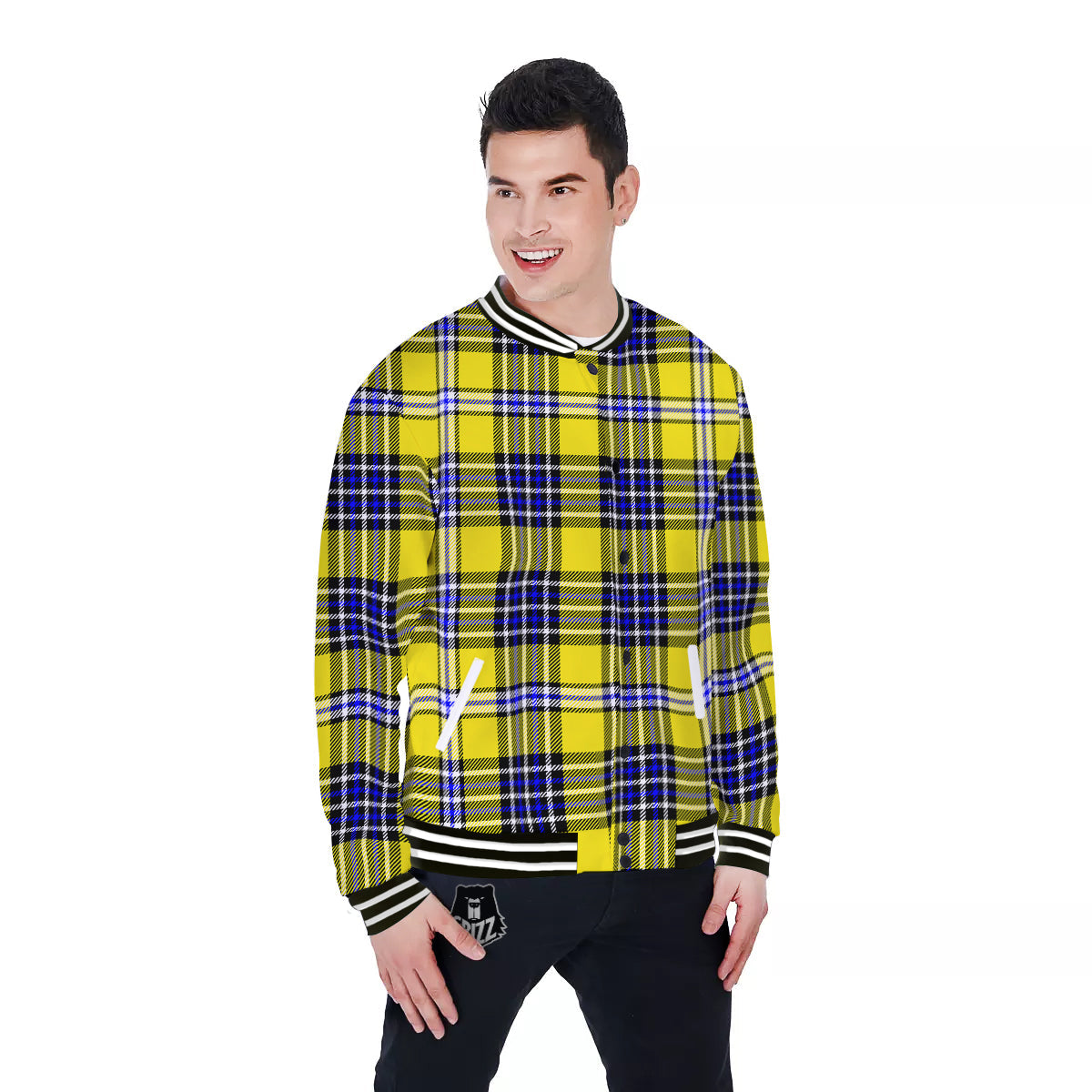 Blue Tartan And Black Yellow Print Pattern Baseball Jacket-grizzshop