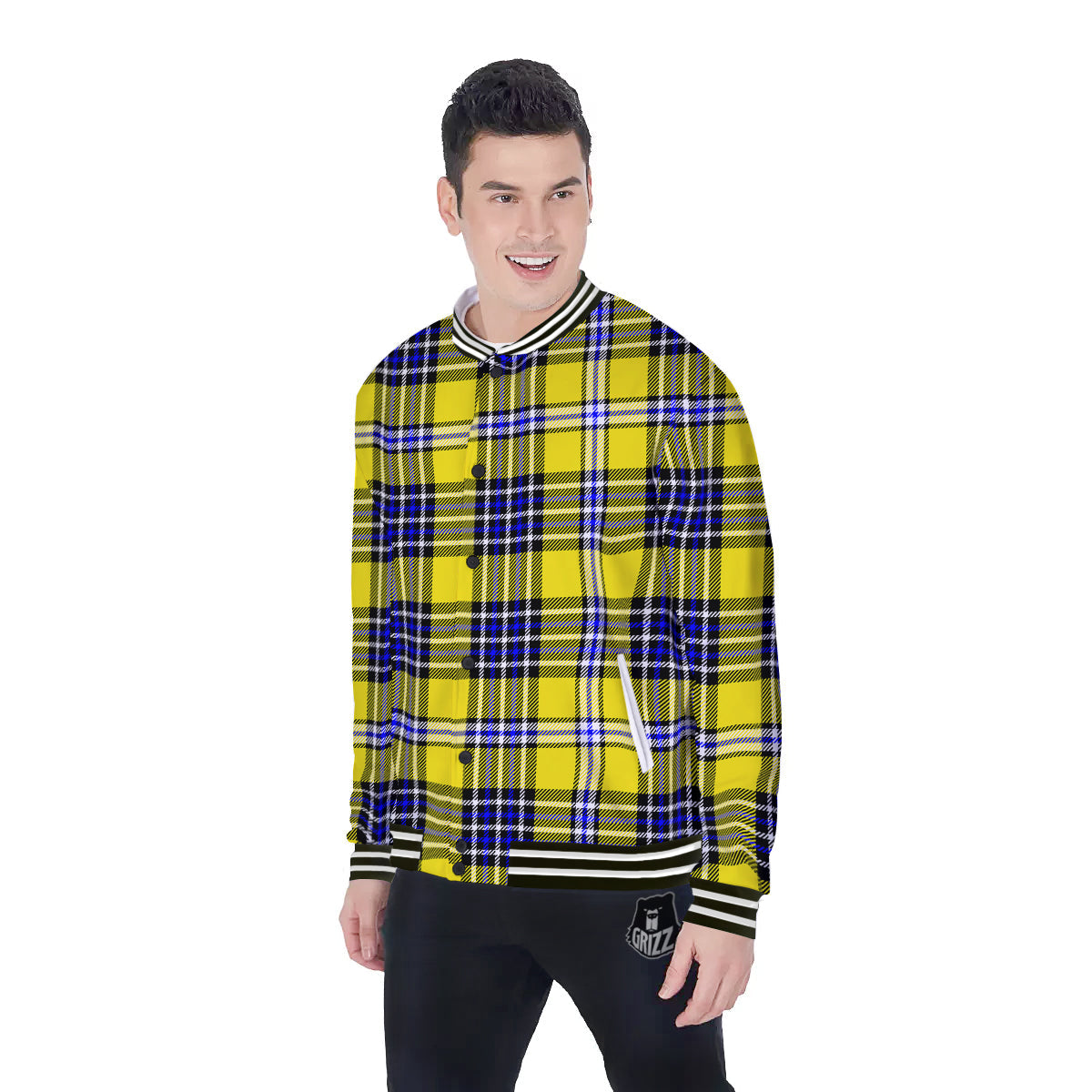 Blue Tartan And Black Yellow Print Pattern Baseball Jacket-grizzshop