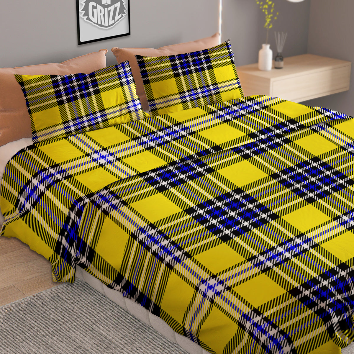 Blue Tartan And Black Yellow Print Pattern Duvet Cover Bedding Set