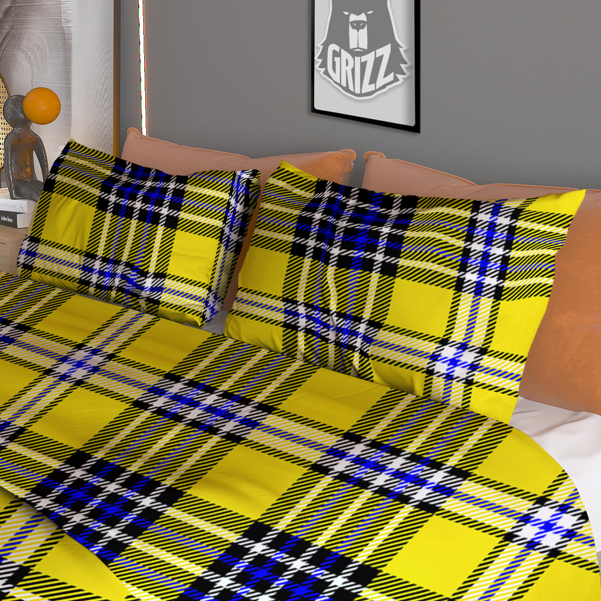 Blue Tartan And Black Yellow Print Pattern Duvet Cover Bedding Set