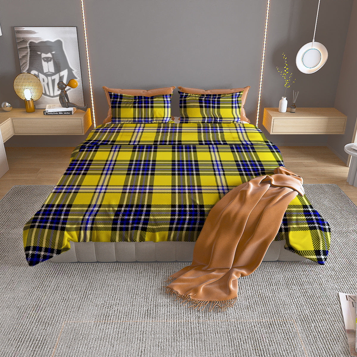 Blue Tartan And Black Yellow Print Pattern Duvet Cover Bedding Set