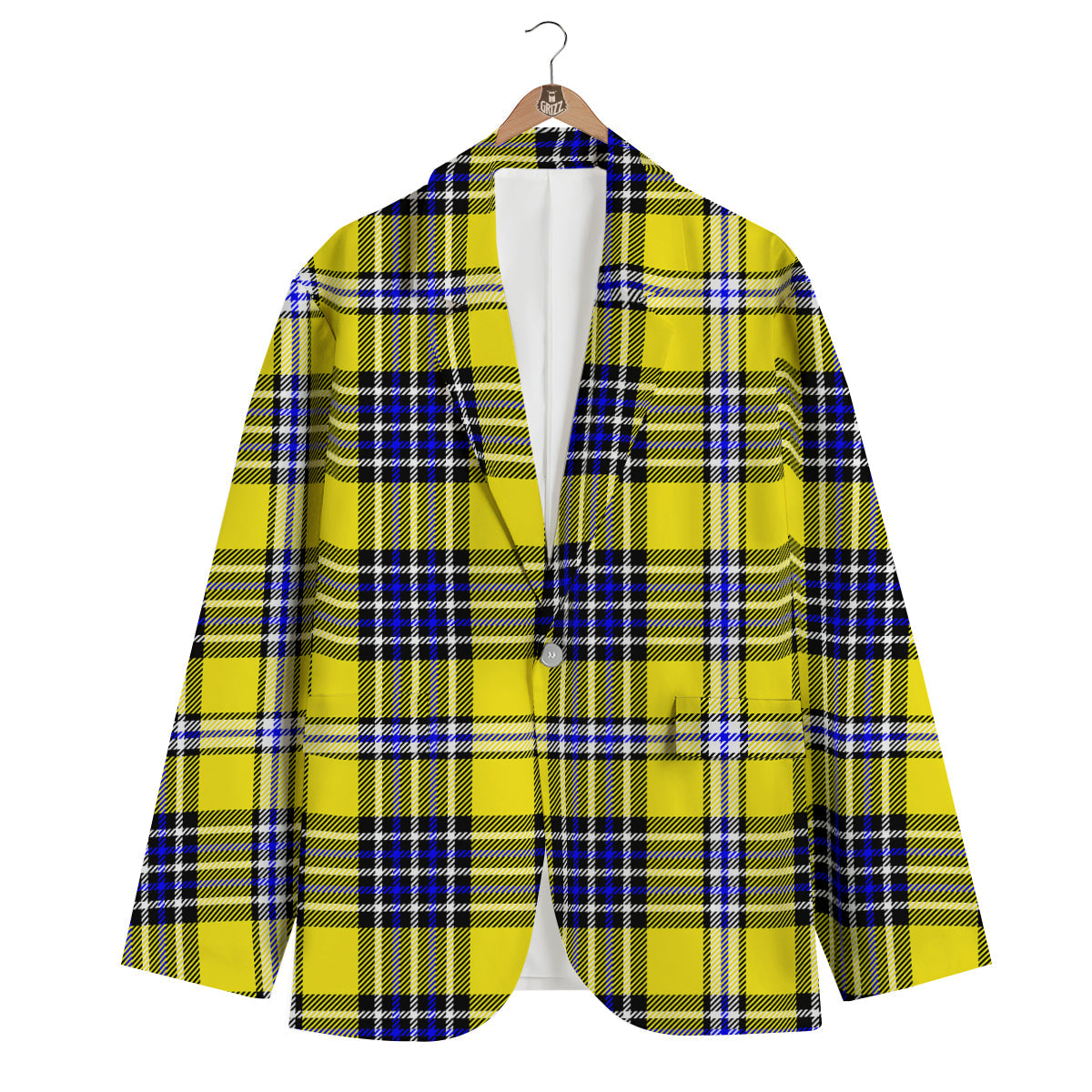 Blue Tartan And Black Yellow Print Pattern Men's Blazer-grizzshop