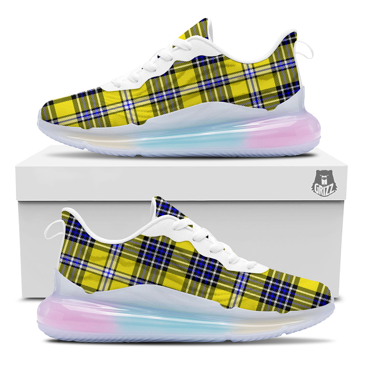 Blue Tartan And Black Yellow Print Pattern Running Sneakers-grizzshop