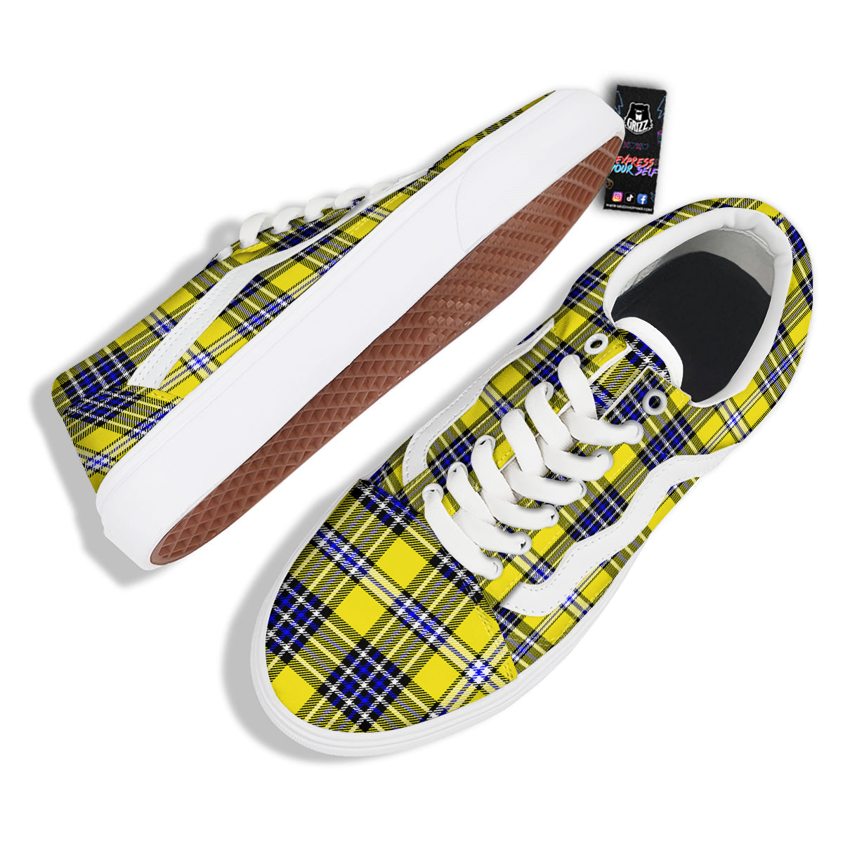 Blue Tartan And Black Yellow Print Pattern Skate Shoes-grizzshop