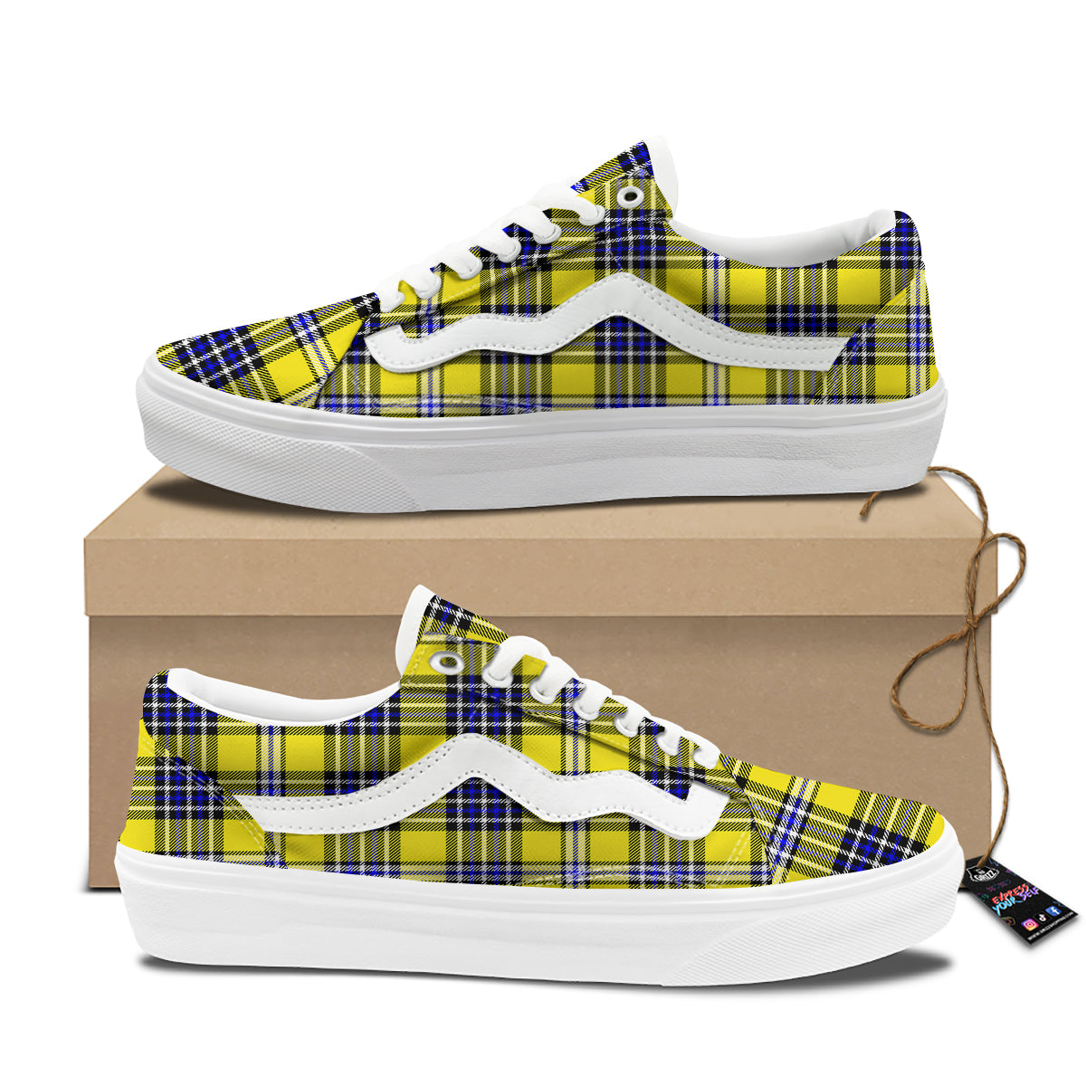 Blue Tartan And Black Yellow Print Pattern Skate Shoes-grizzshop