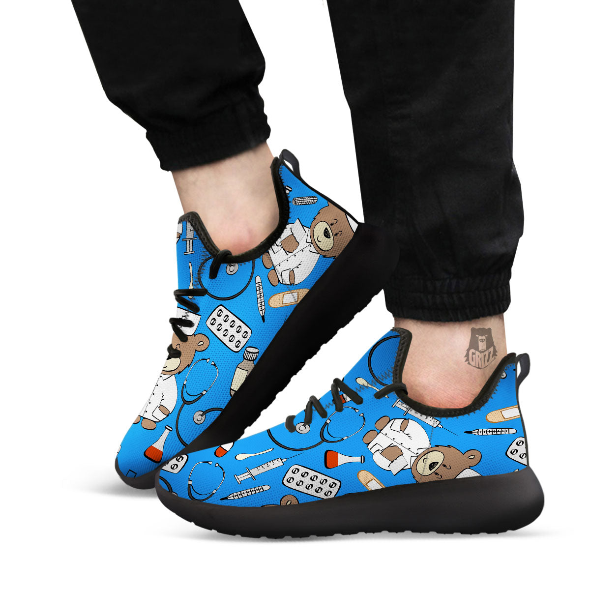 Blue Teddy Bear Nurse Black Athletic Shoes-grizzshop