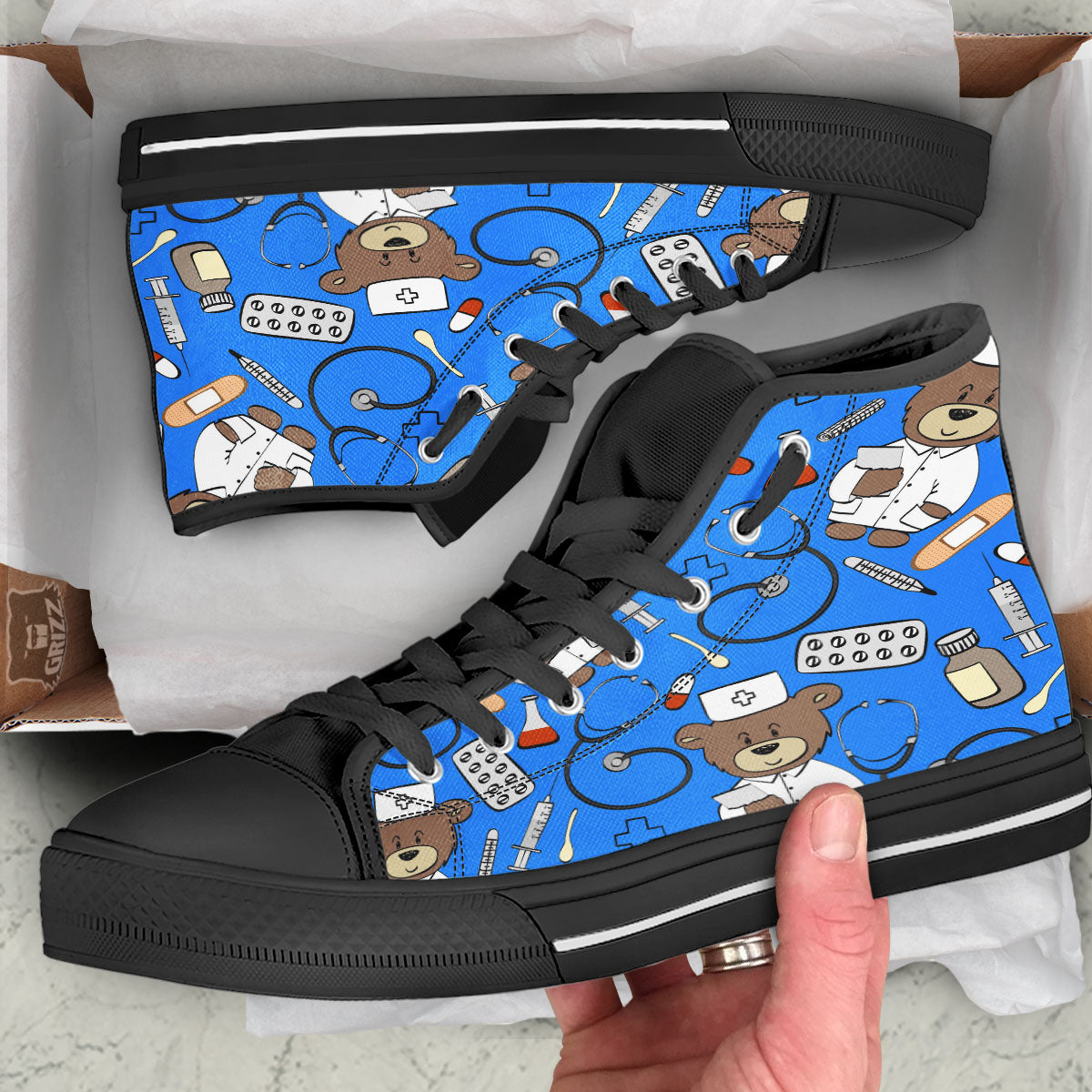 Blue Teddy Bear Nurse Black High Top Shoes-grizzshop