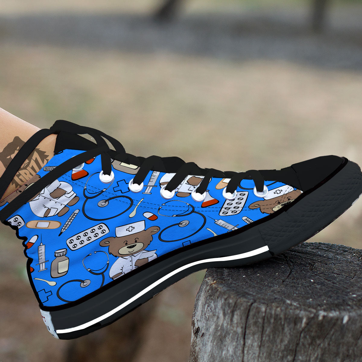 Blue Teddy Bear Nurse Black High Top Shoes-grizzshop