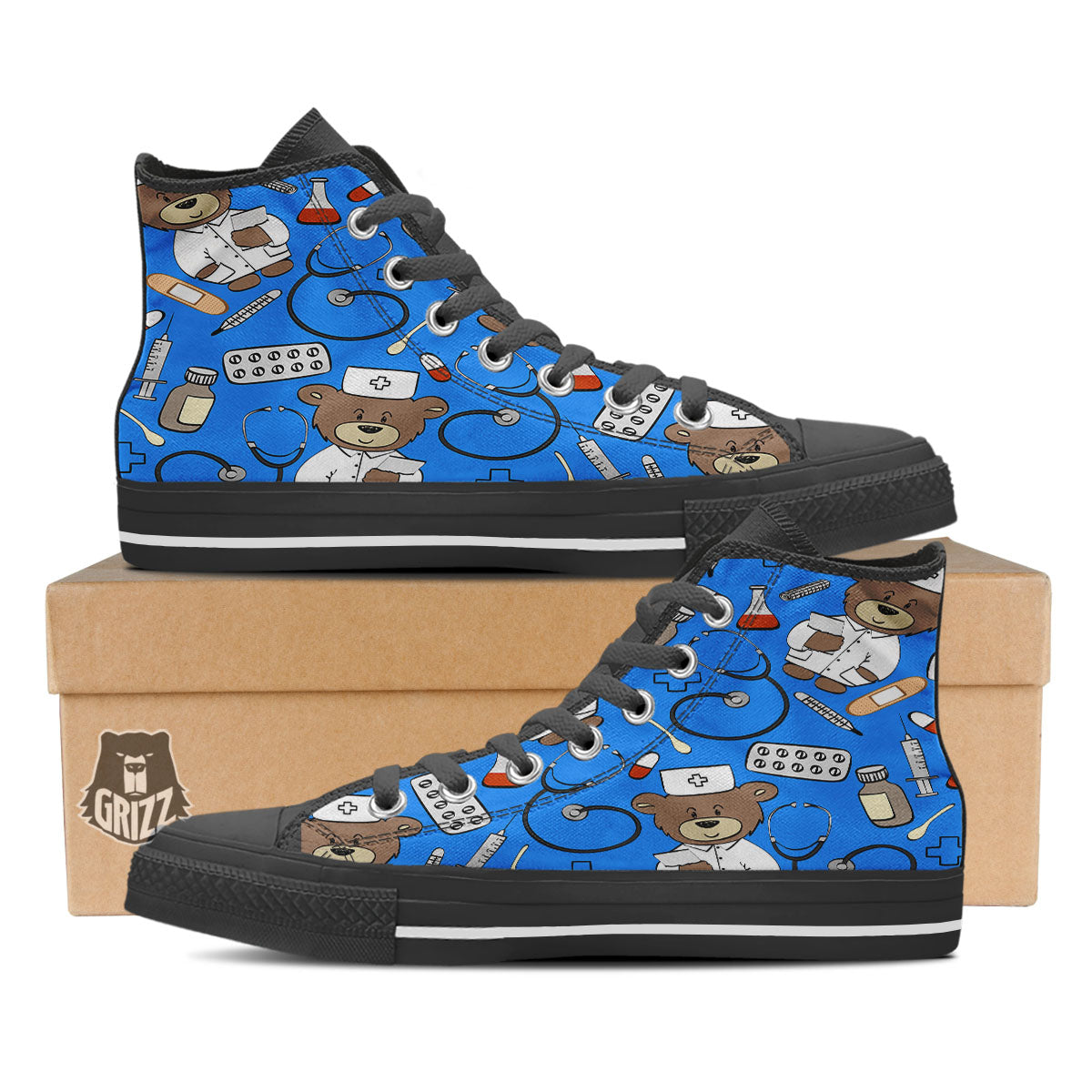 Blue Teddy Bear Nurse Black High Top Shoes-grizzshop
