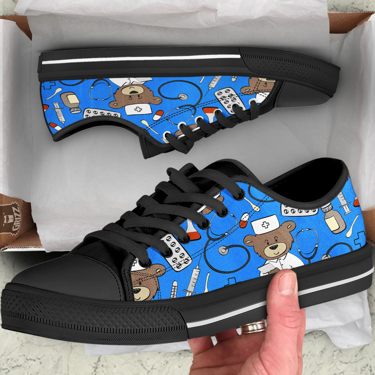 Blue Teddy Bear Nurse Black Low Top Shoes-grizzshop