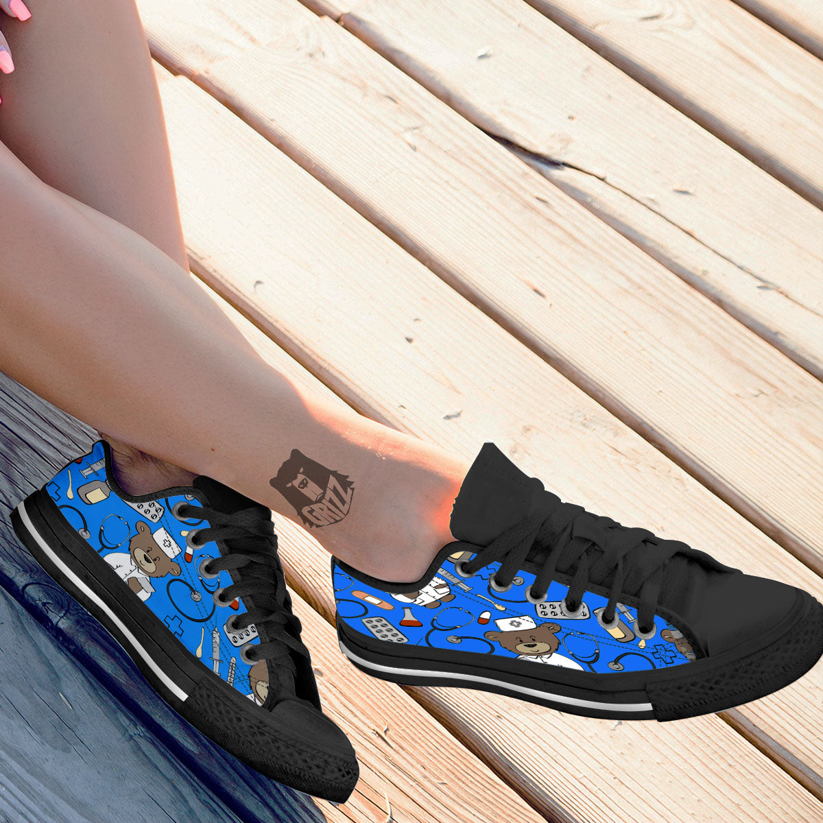 Blue Teddy Bear Nurse Black Low Top Shoes-grizzshop