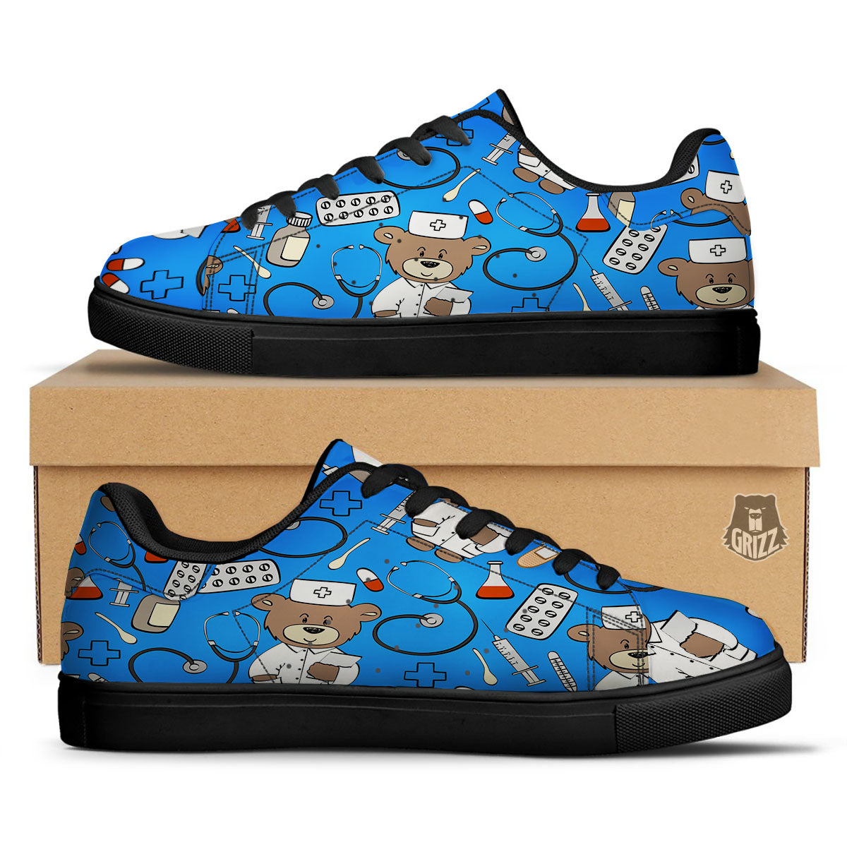 Blue Teddy Bear Nurse Black Low Top Sneakers-grizzshop