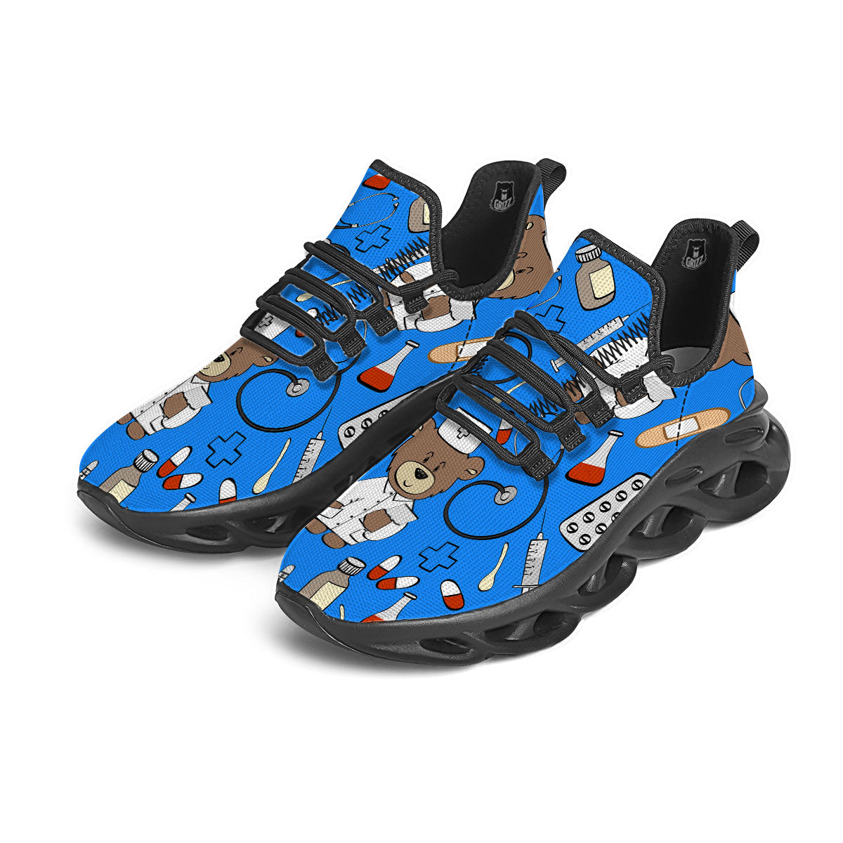 Blue Teddy Bear Nurse Black Running Shoes-grizzshop