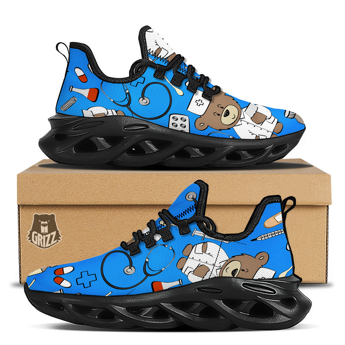 Blue Teddy Bear Nurse Black Running Shoes-grizzshop