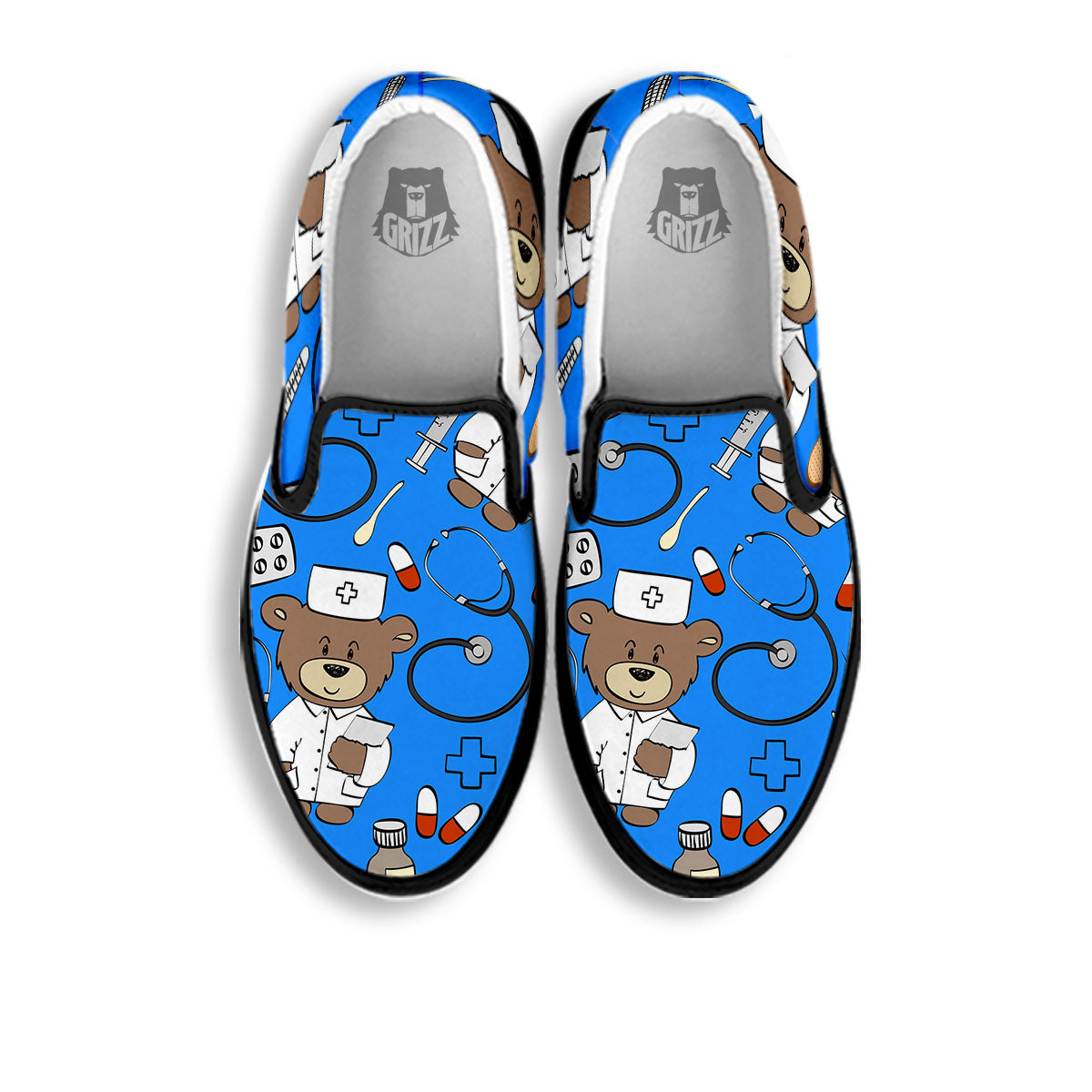 Blue Teddy Bear Nurse Black Slip On Shoes-grizzshop
