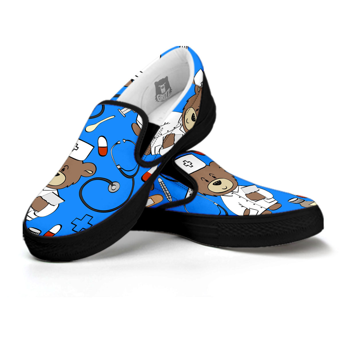 Blue Teddy Bear Nurse Black Slip On Shoes-grizzshop