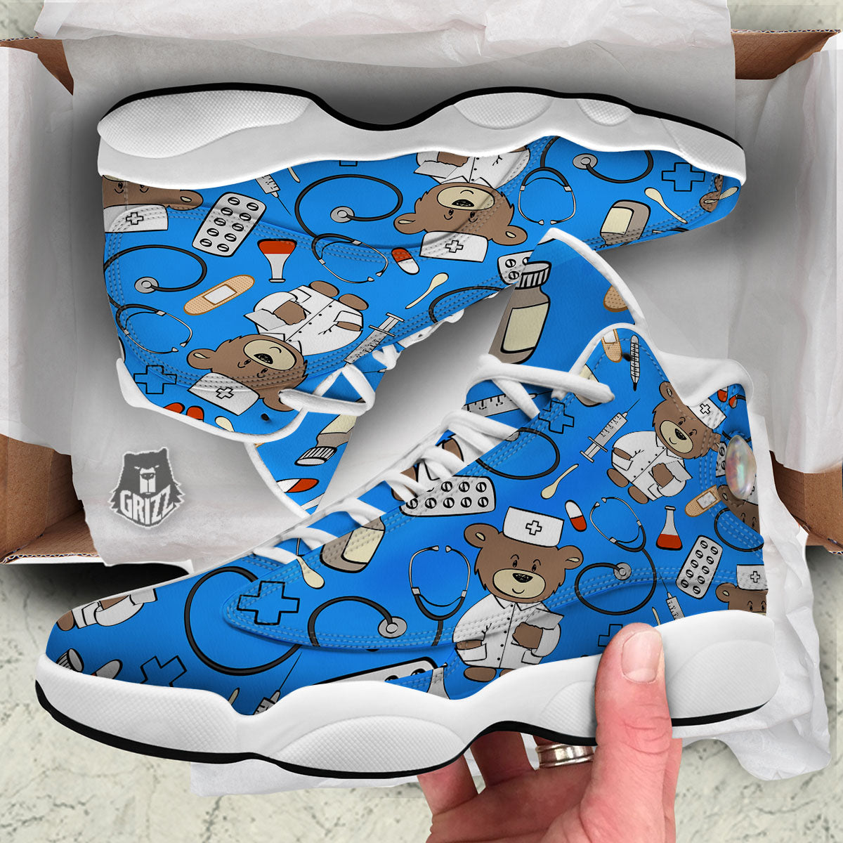 Blue Teddy Bear Nurse White Basketball Shoes-grizzshop