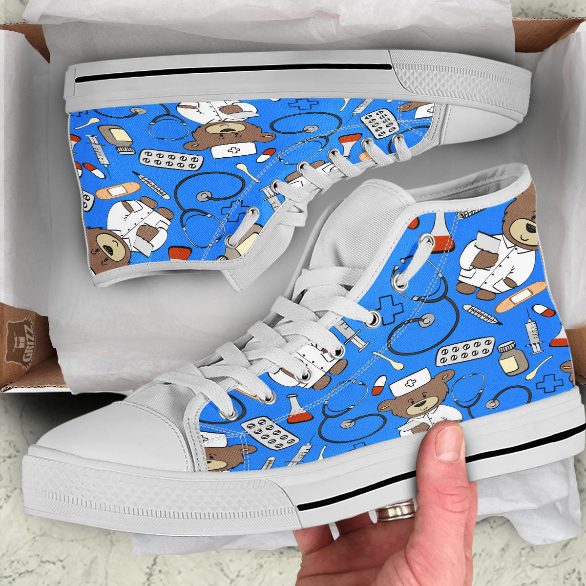 Blue Teddy Bear Nurse White High Top Shoes-grizzshop
