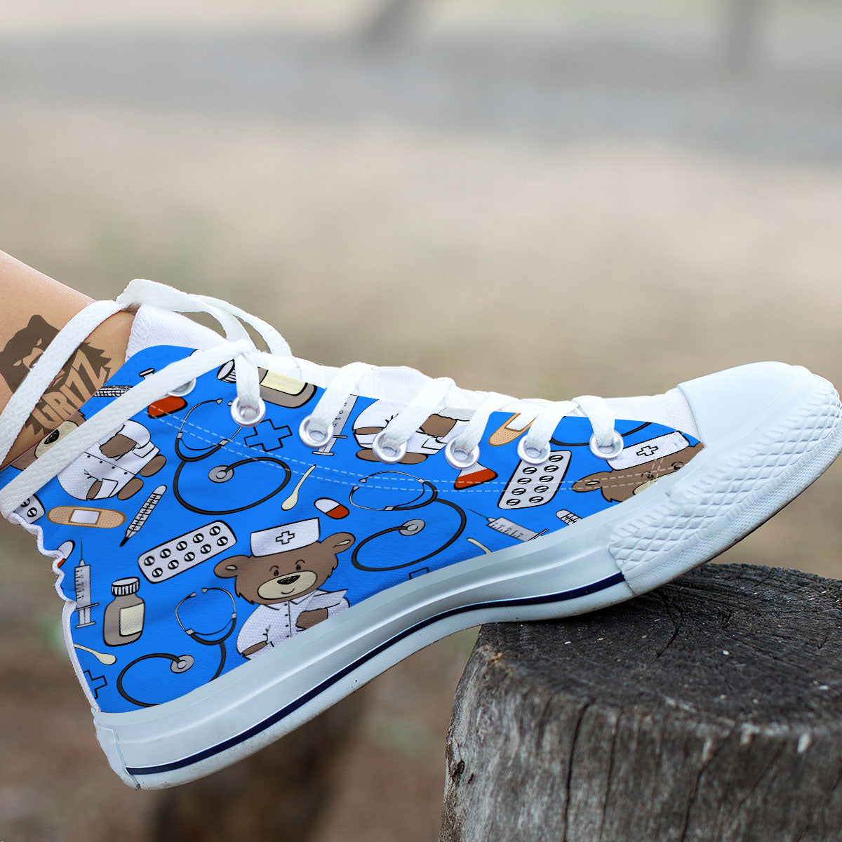 Blue Teddy Bear Nurse White High Top Shoes-grizzshop