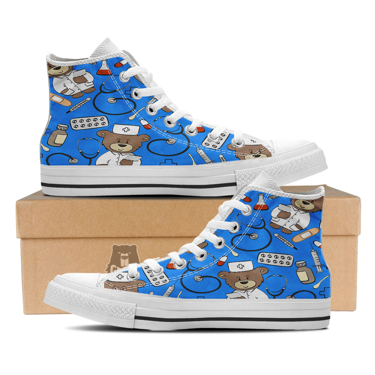 Blue Teddy Bear Nurse White High Top Shoes-grizzshop