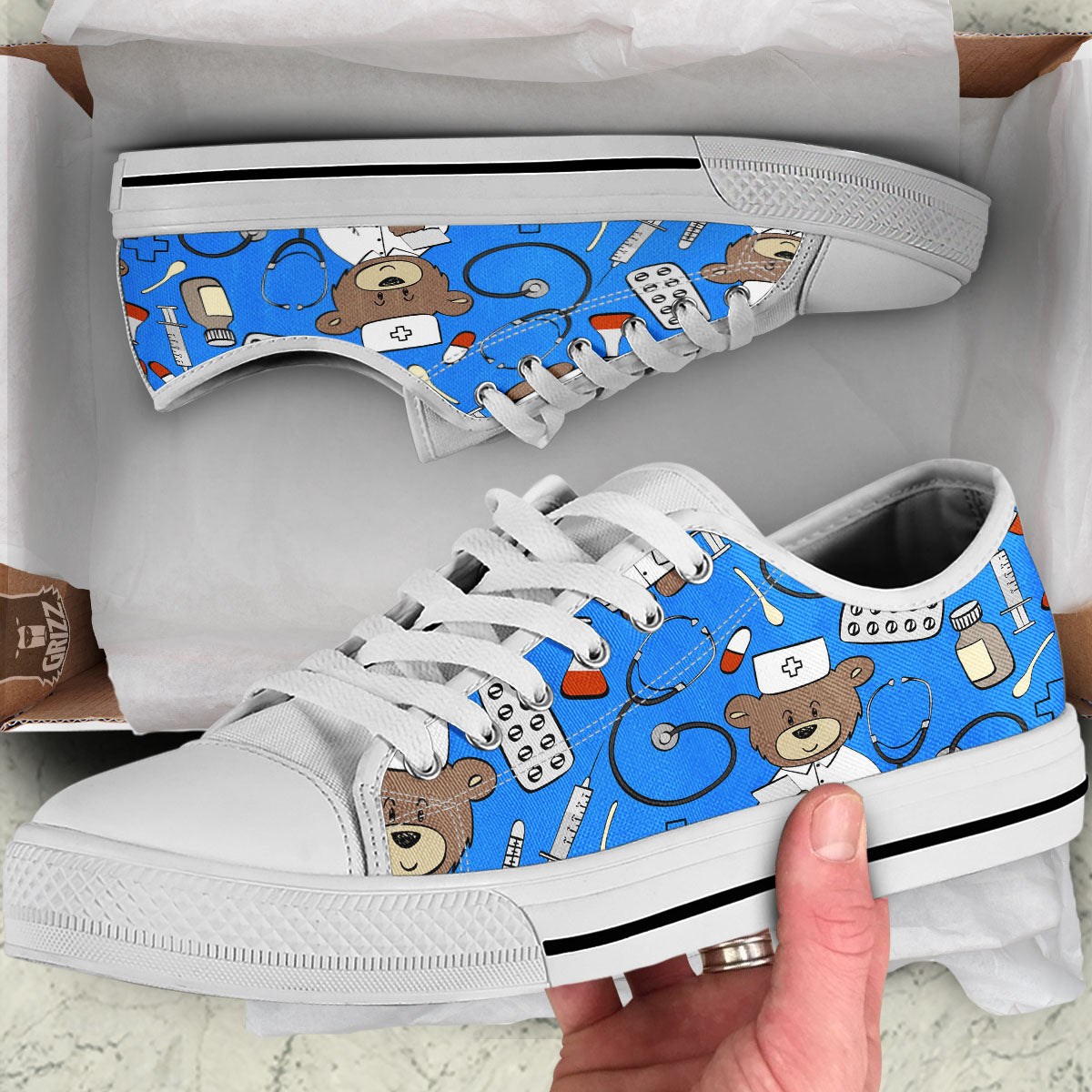 Blue Teddy Bear Nurse White Low Top Shoes-grizzshop