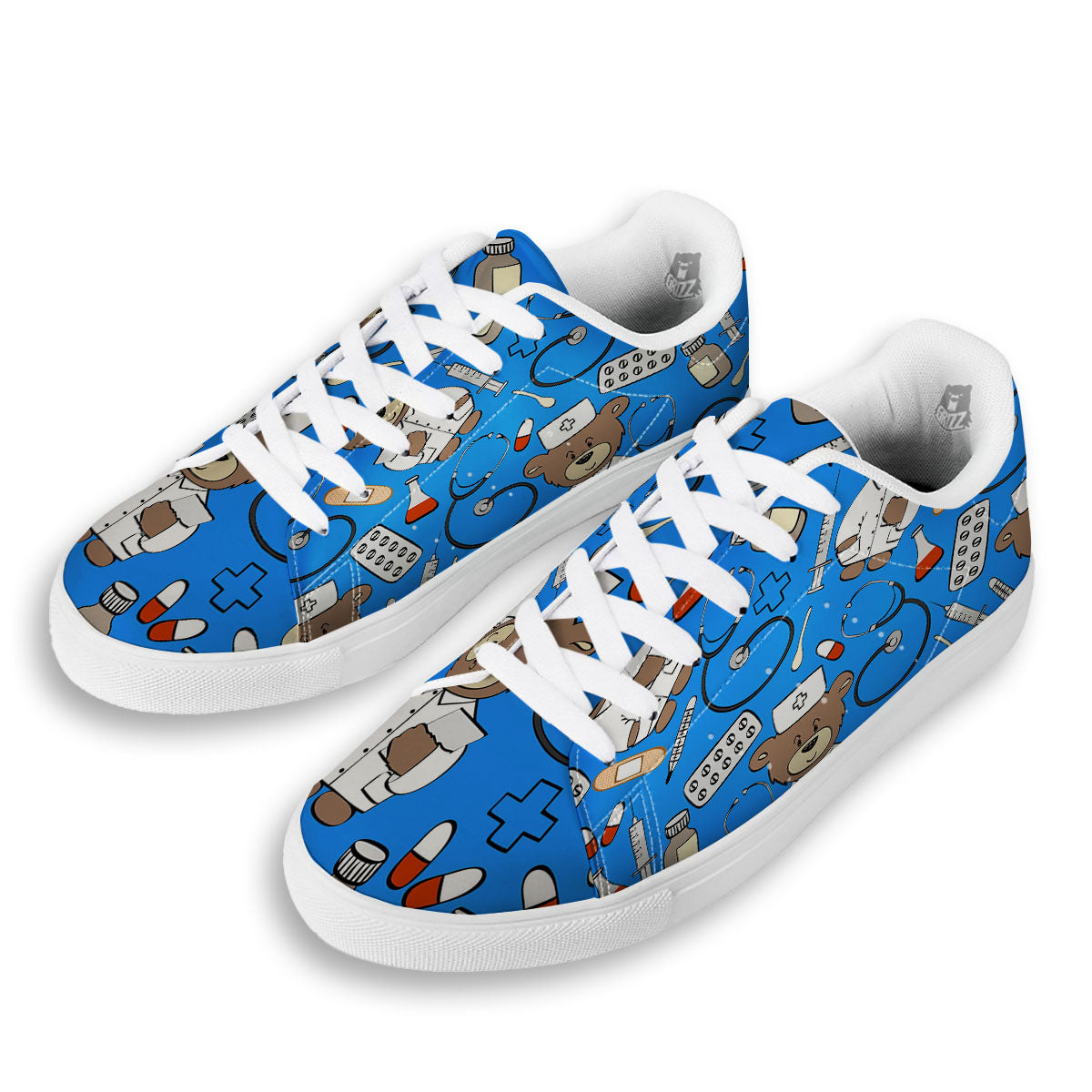 Blue Teddy Bear Nurse White Low Top Sneakers-grizzshop