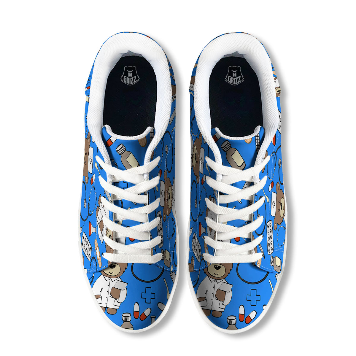 Blue Teddy Bear Nurse White Low Top Sneakers-grizzshop