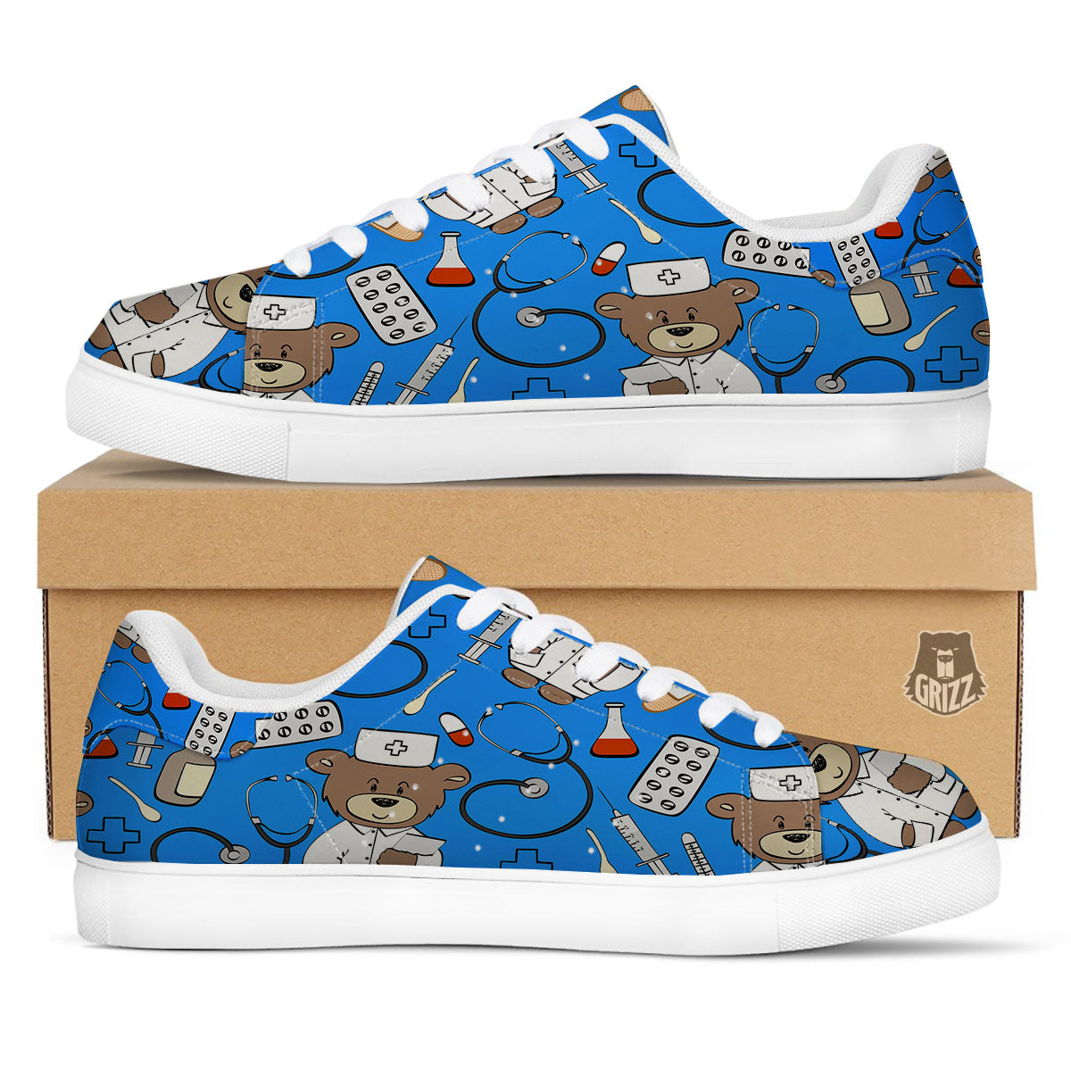 Blue Teddy Bear Nurse White Low Top Sneakers-grizzshop