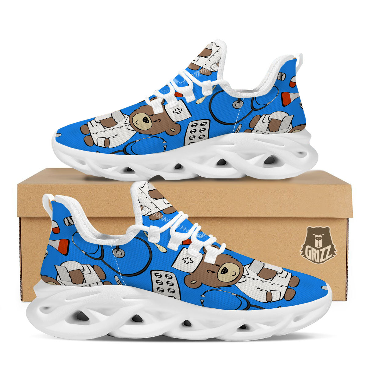 Blue Teddy Bear Nurse White Running Shoes-grizzshop