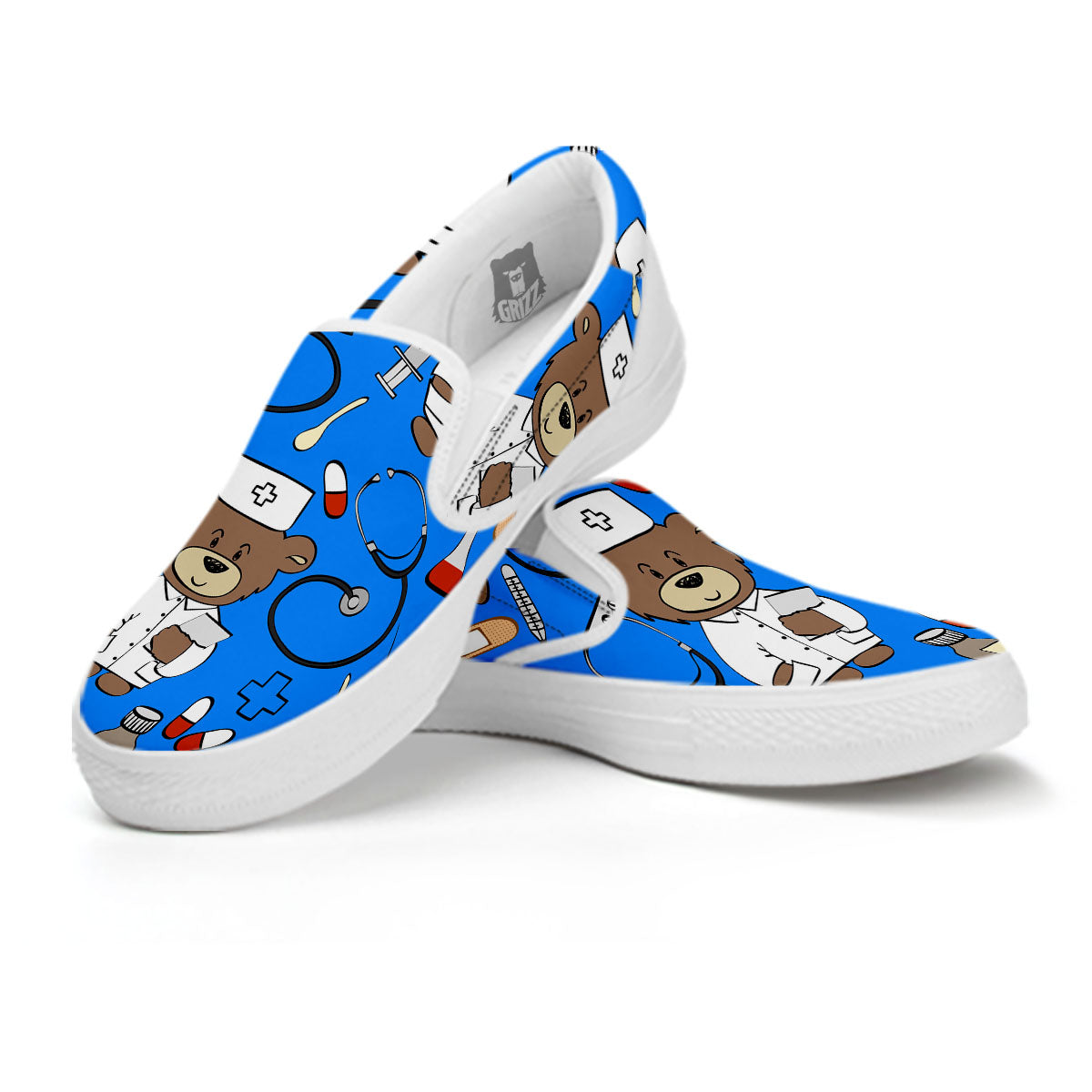 Blue Teddy Bear Nurse White Slip On Shoes-grizzshop