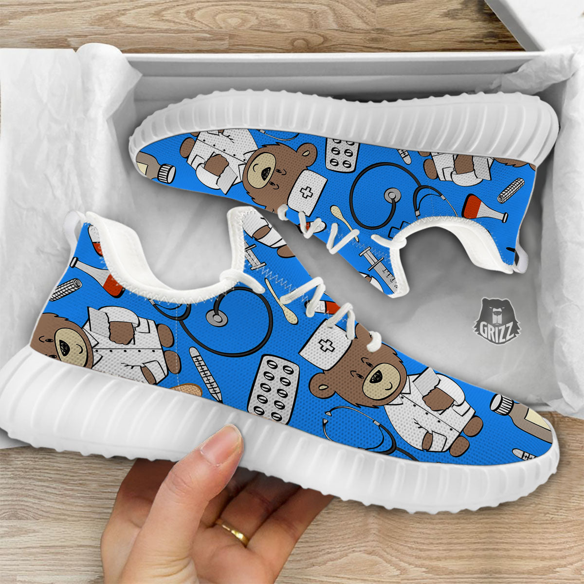 Blue Teddy Bear Nurse White Walking Shoes-grizzshop