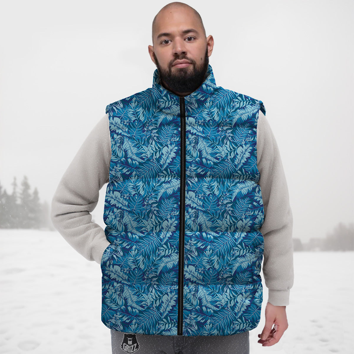 Blue Tropical Leaves Print Down Vest-grizzshop